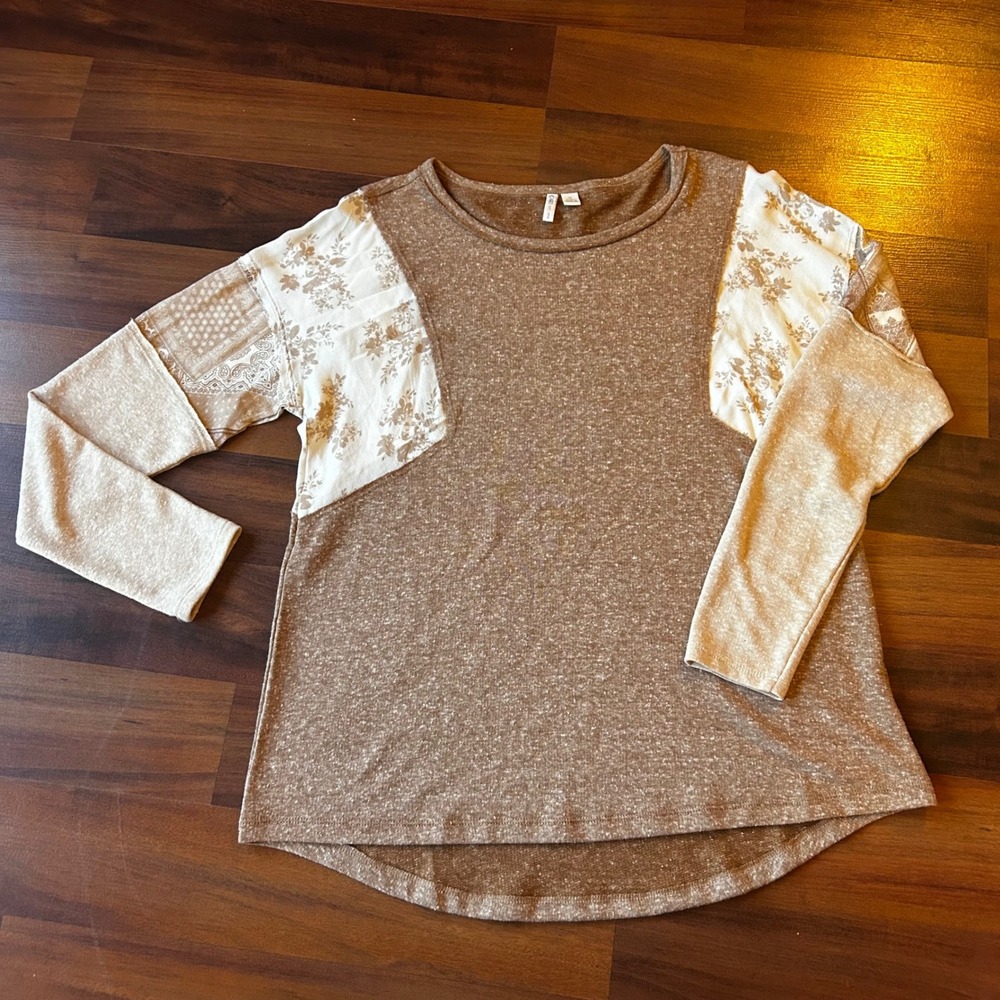 Cato Womens Long Sleeve Tunic Top Brown Floral Print Patchwork Casual
